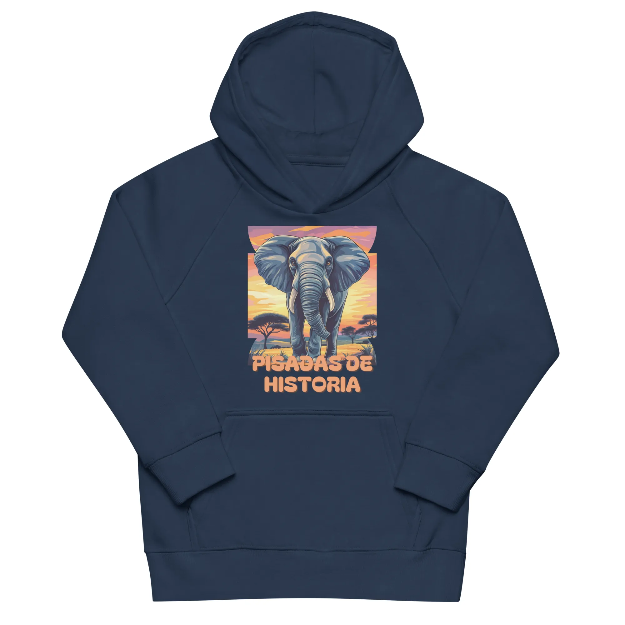 Sudadera infantil orgánica con diseño Pisadas de Historia — detalle del estampado
