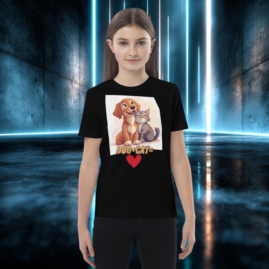 Camiseta infantil orgánica con diseño Perro Más Gato Igual a Amor