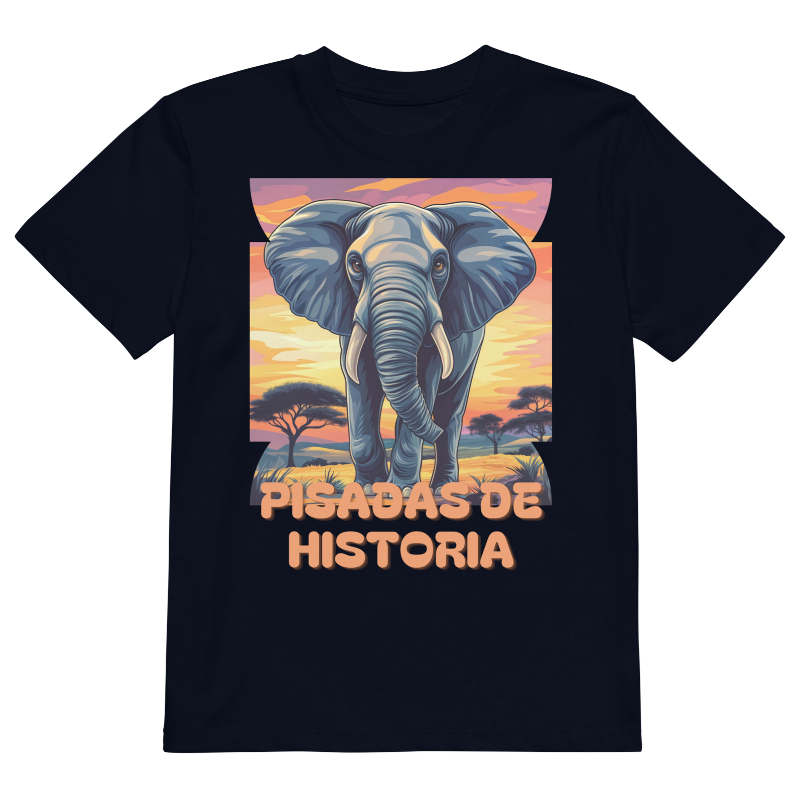 Camiseta infantil orgánica con diseño Pisadas de Historia — detalle del estampado