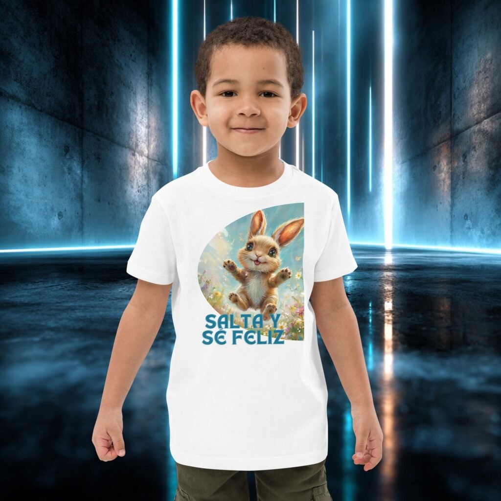 Camiseta infantil orgánica con diseño Salta y Sé Feliz