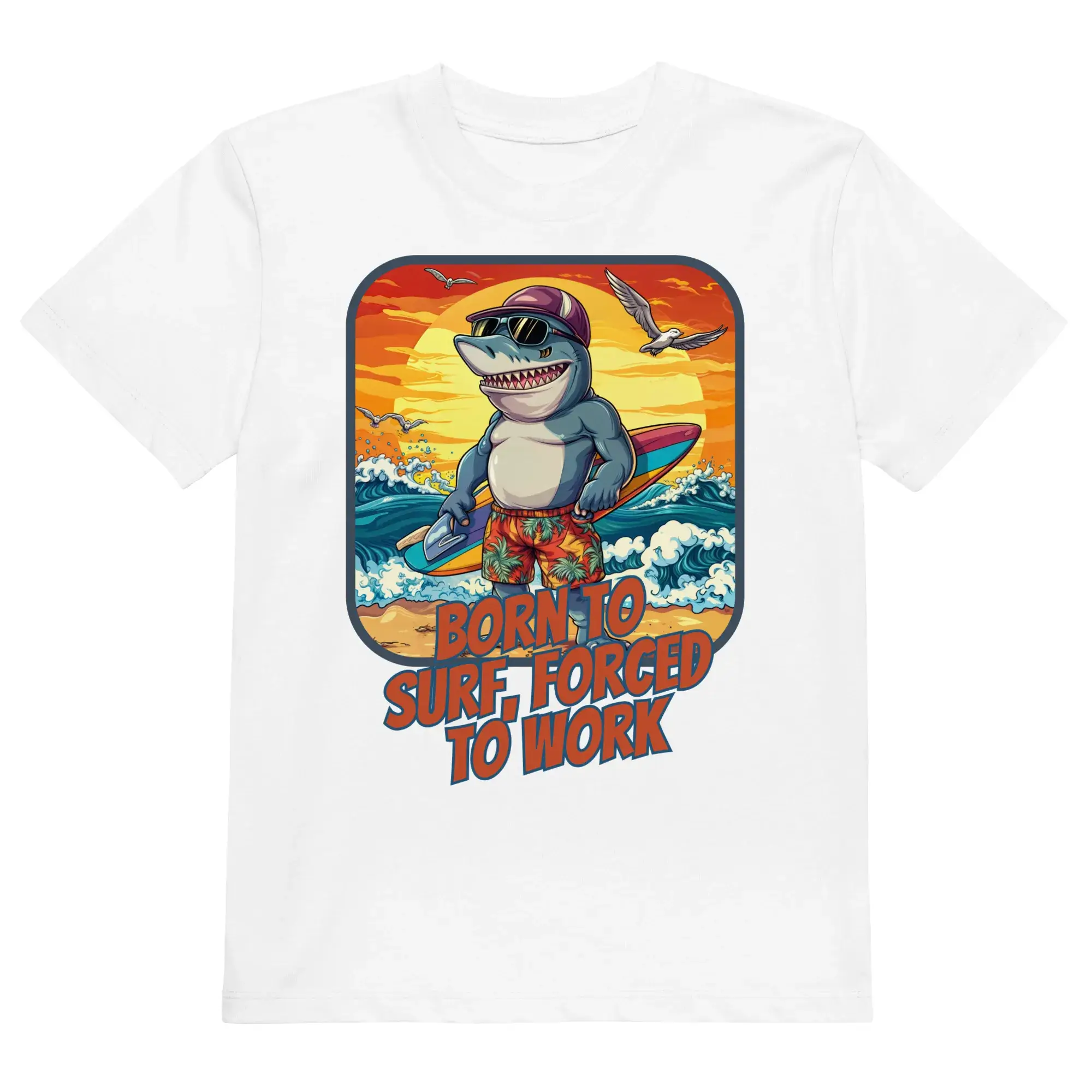 Camiseta infantil orgánica con diseño Tiburón Surfero — detalle del estampado