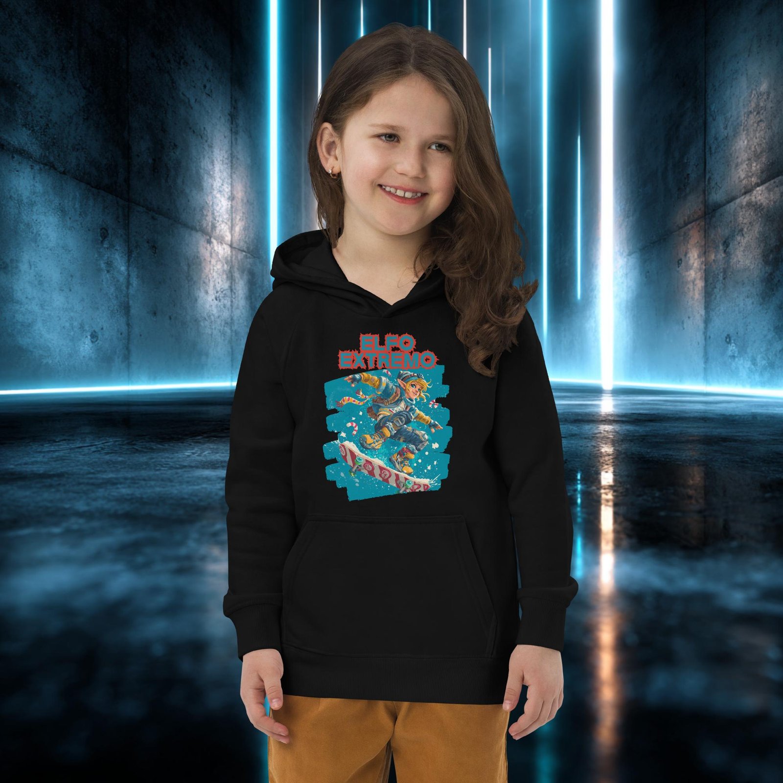 Sudadera infantil orgánica con diseño Elfo Extremo — detalle del estampado