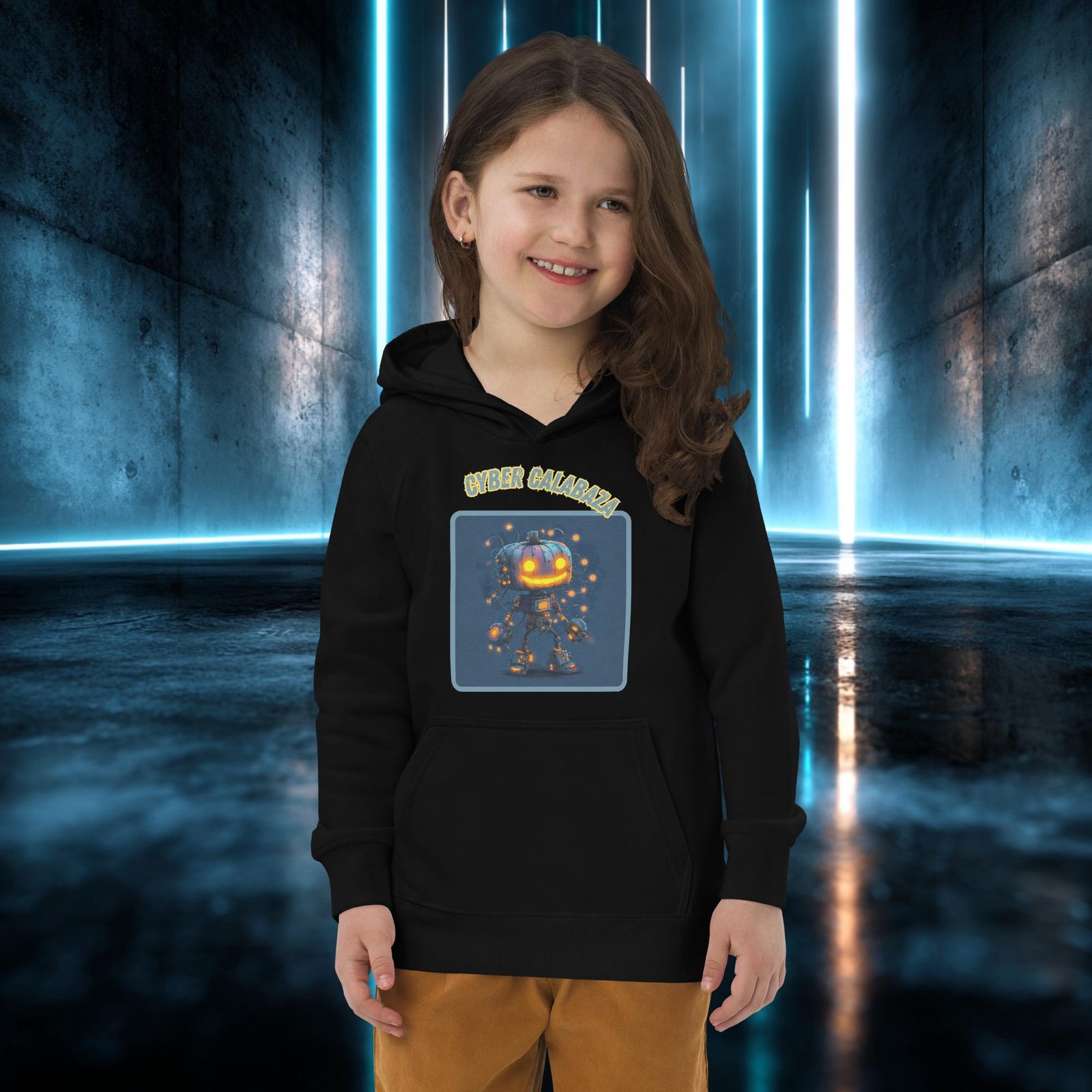 Sudadera infantil orgánica con diseño Cíber Calabaza — detalle del estampado