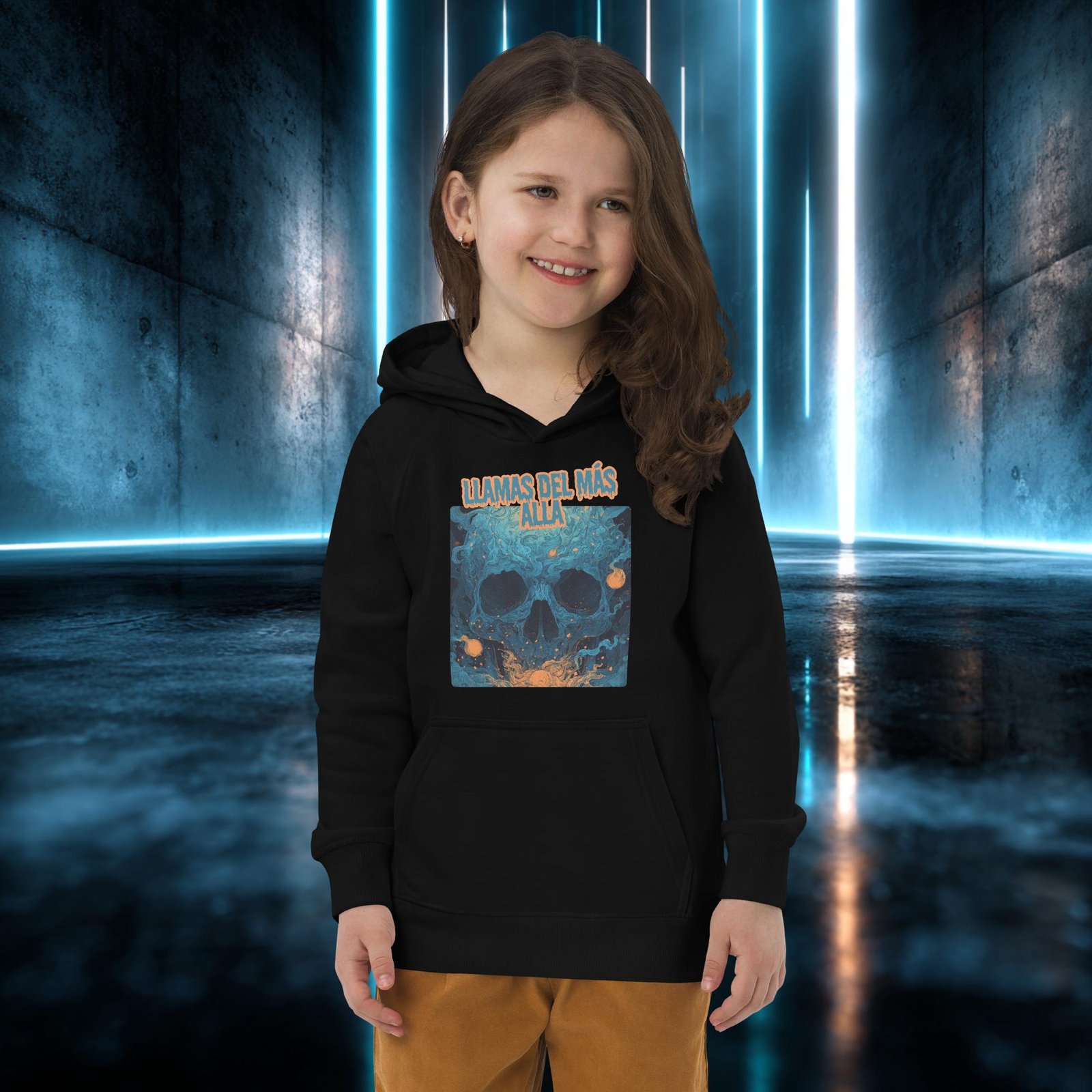 Sudadera infantil orgánica con diseño Llamas del Más Allá — detalle del estampado