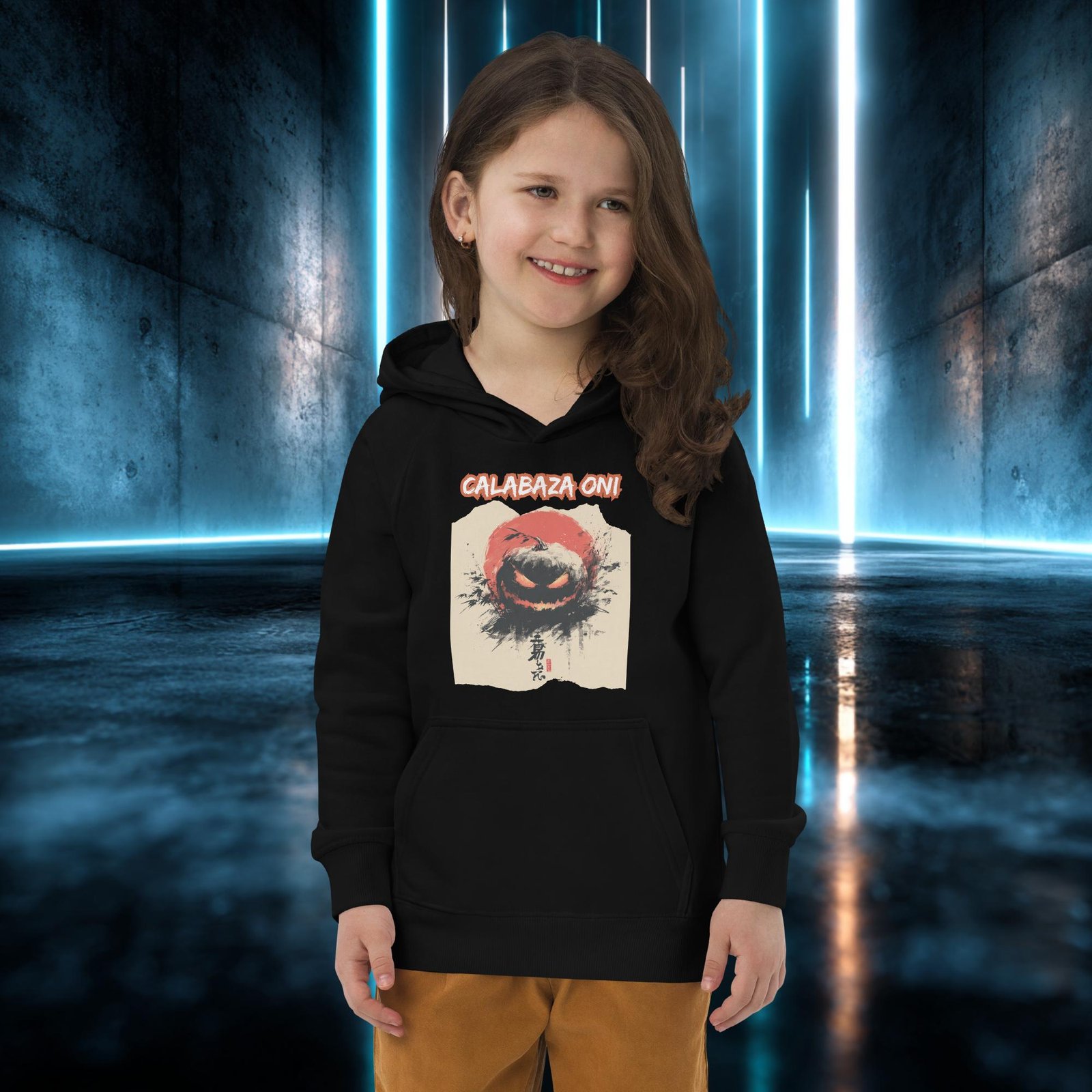 Sudadera infantil orgánica con diseño Calabaza Oni — detalle del estampado