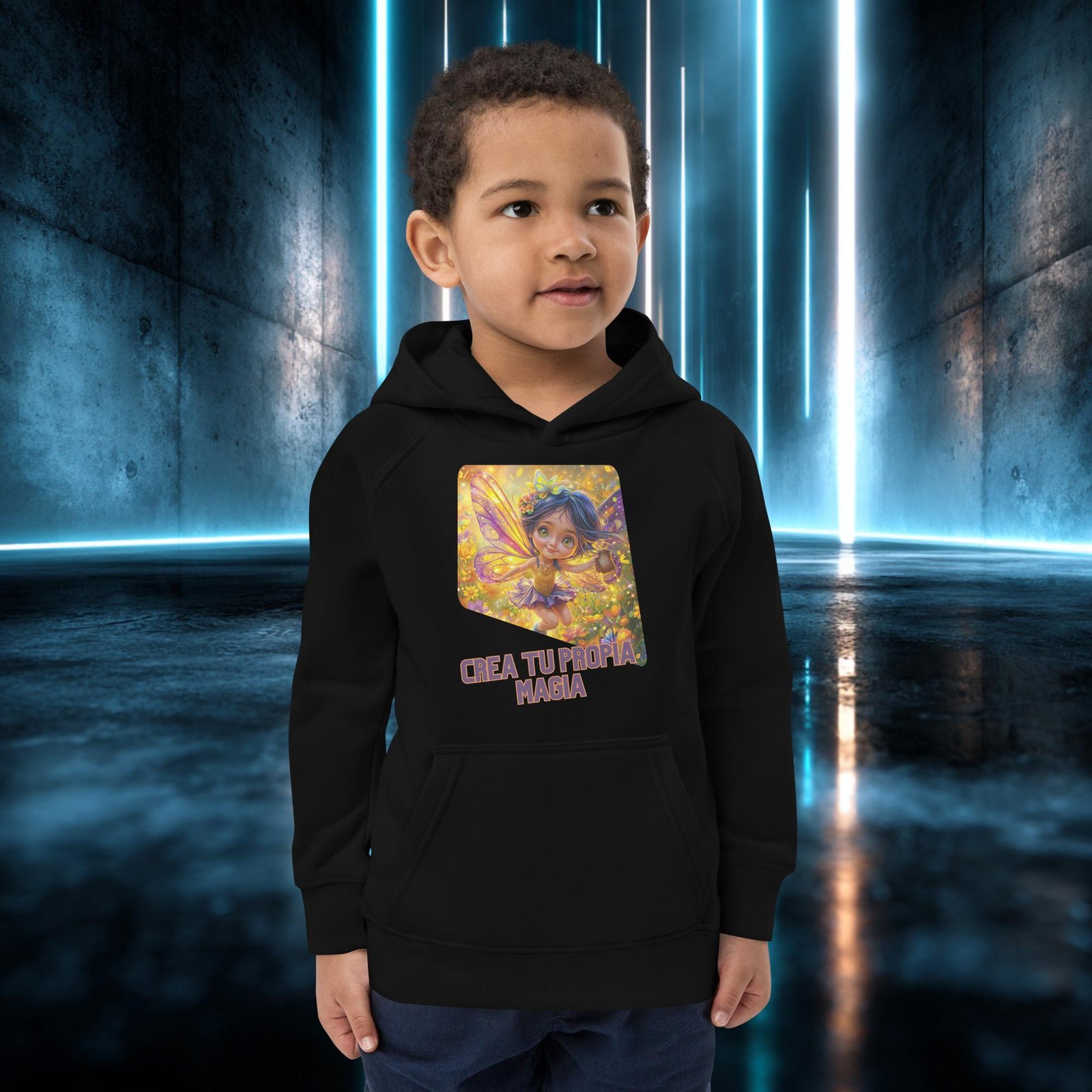 Sudadera infantil orgánica con diseño Crea Tu Propia Magia — detalle del estampado