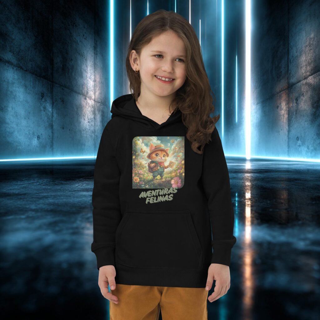 Sudadera infantil orgánica con diseño Aventuras Felinas