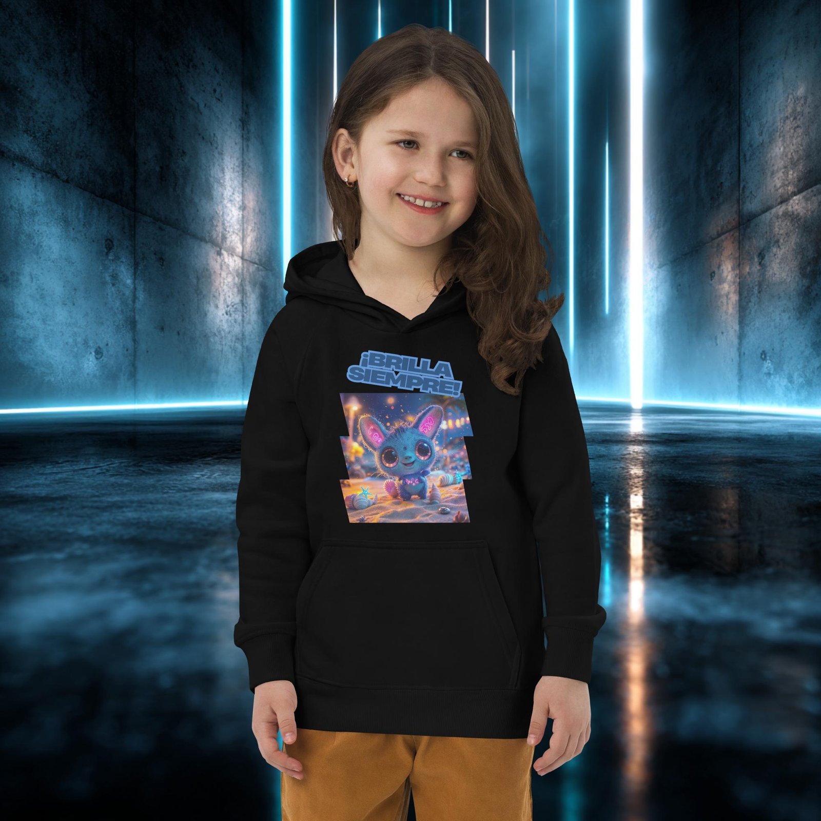 Sudadera infantil orgánica con diseño Brilla Siempre — detalle del estampado
