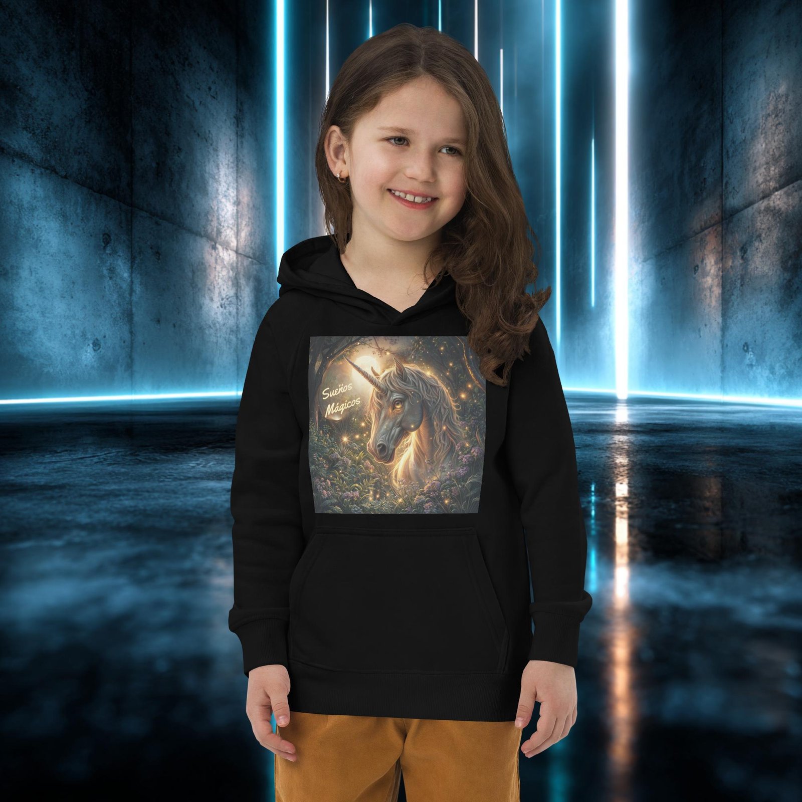 Sudadera infantil orgánica con diseño Sueños Mágicos — detalle del estampado