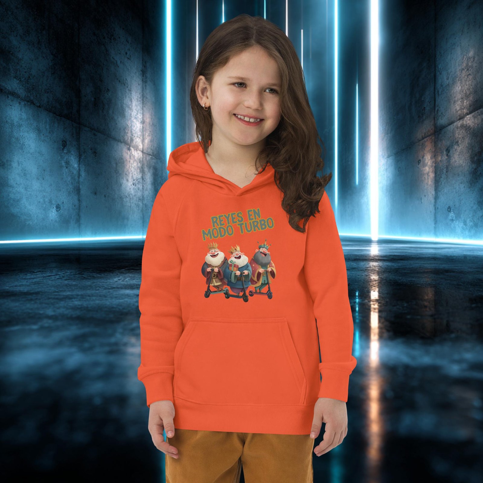 Sudadera infantil orgánica con diseño Reyes en Modo Turbo