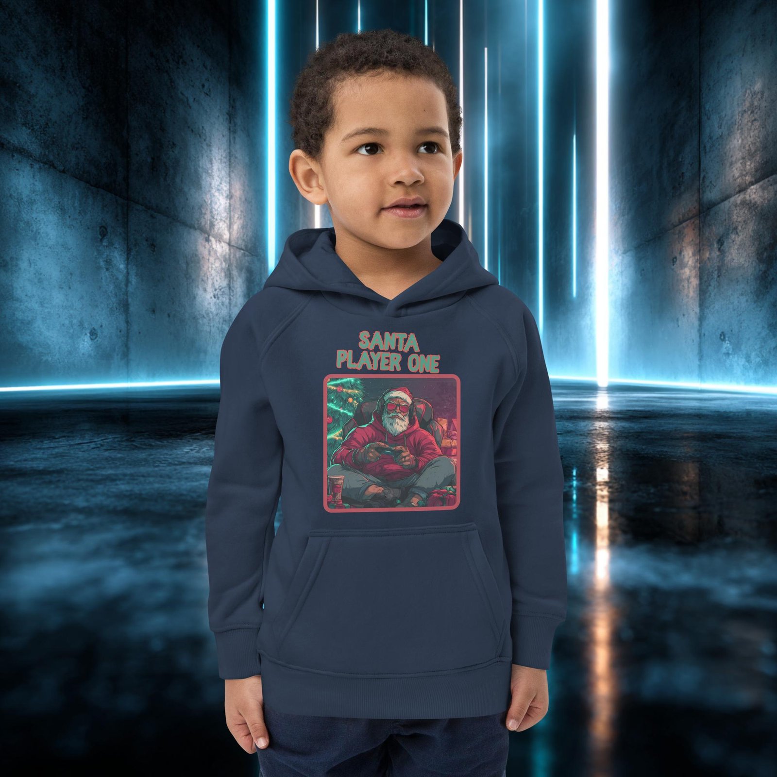 Sudadera infantil orgánica con diseño Santa Player One — detalle del estampado