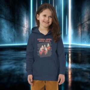 Sudadera infantil con capucha de algodón orgánico en color azul marino con el diseño «Linternas Arriba, Sustos Abajo»