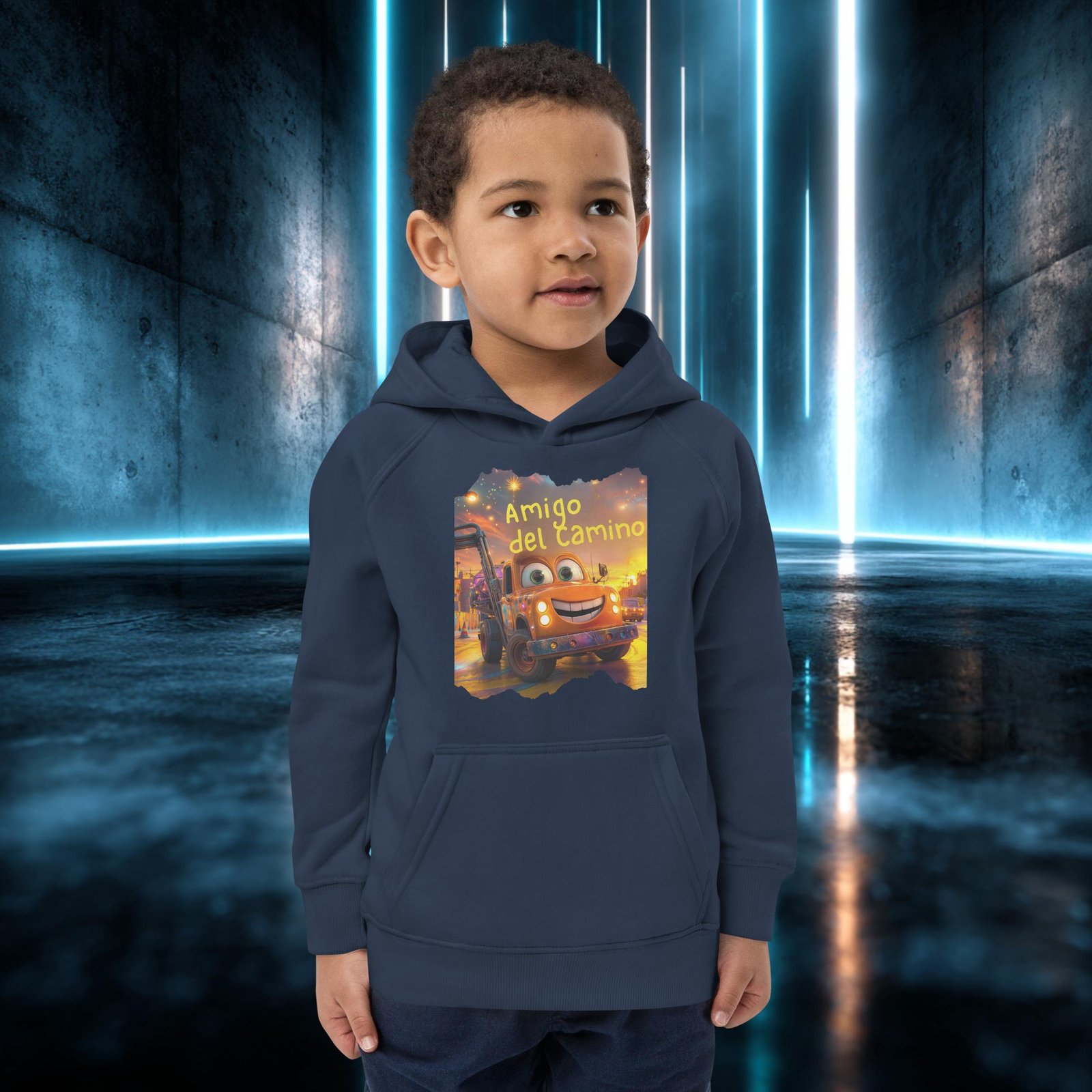 Sudadera infantil orgánica con diseño Amigo del Camino — detalle del estampado