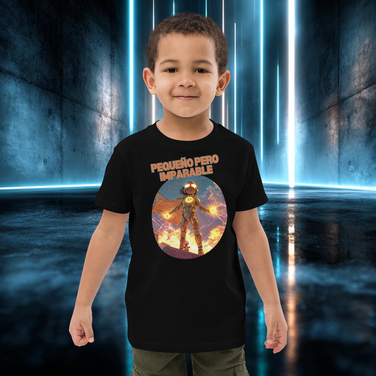 Camiseta infantil orgánica con diseño Pequeño pero Imparable — detalle del estampado