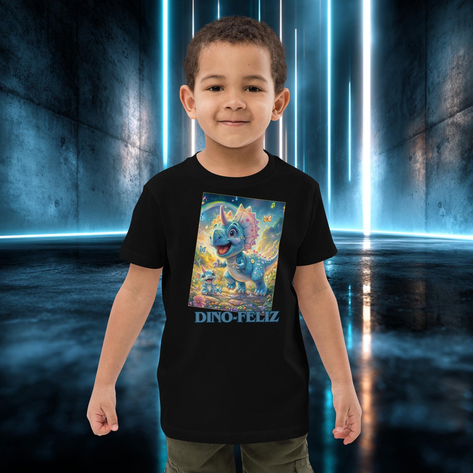 Camiseta infantil orgánica con diseño Dino Feliz — detalle del estampado