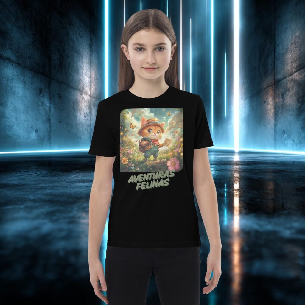 Camiseta infantil orgánica con diseño Aventuras Felinas