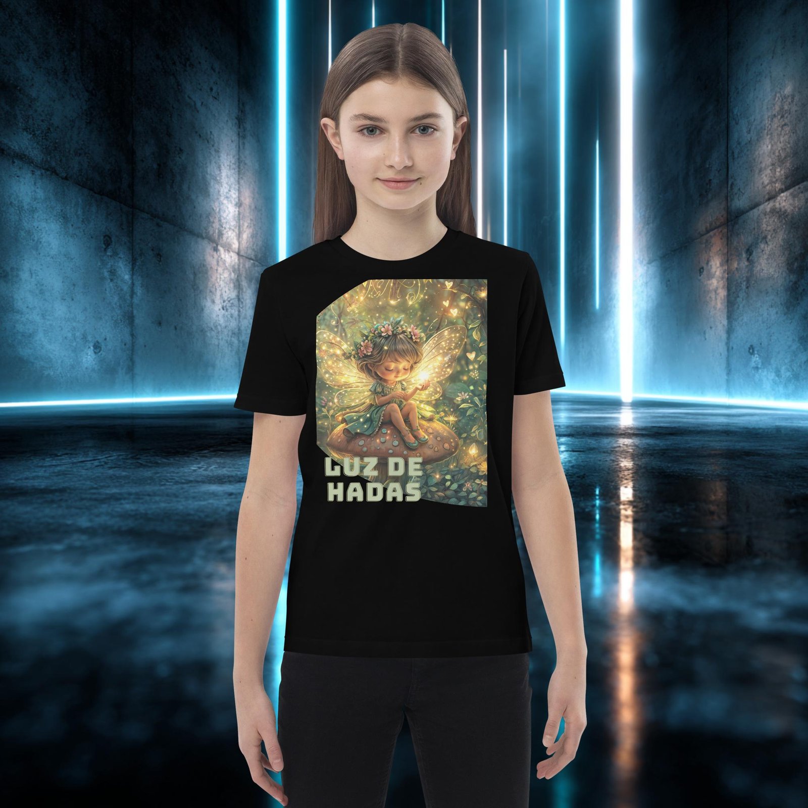 Camiseta infantil orgánica con diseño Luz de Hadas — detalle del estampado