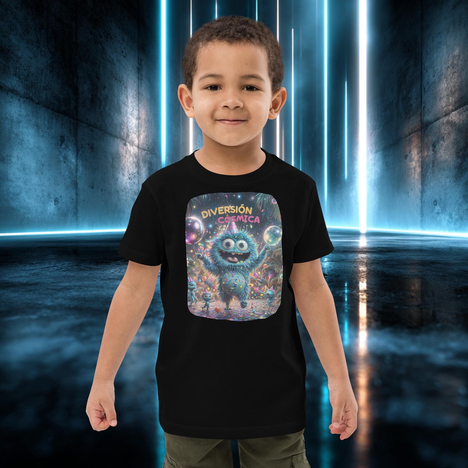 Camiseta infantil orgánica con diseño Diversión Cósmica — detalle del estampado