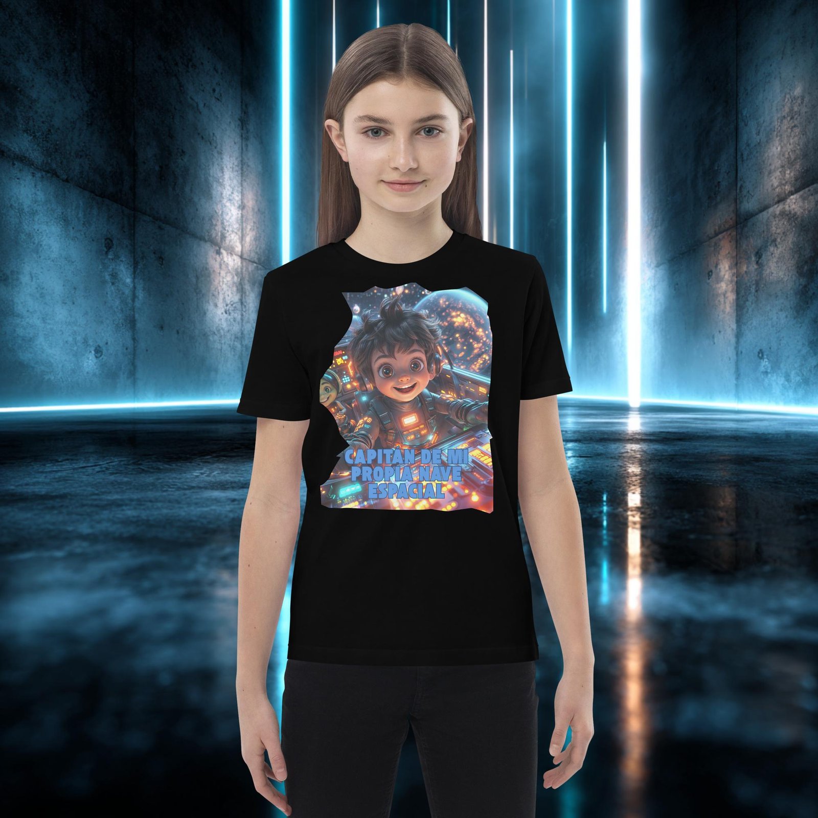 Camiseta infantil orgánica con diseño Capitán de Mi Nave — detalle del estampado