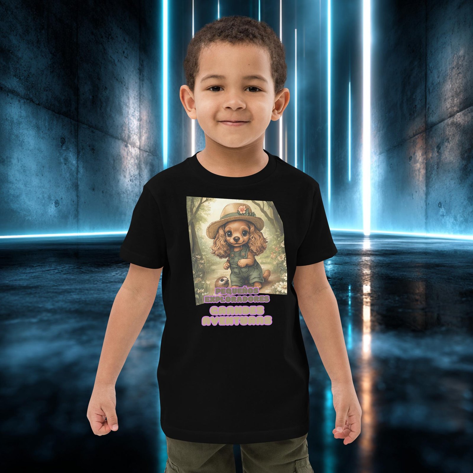 Camiseta infantil orgánica con diseño Grandes Aventuras — detalle del estampado