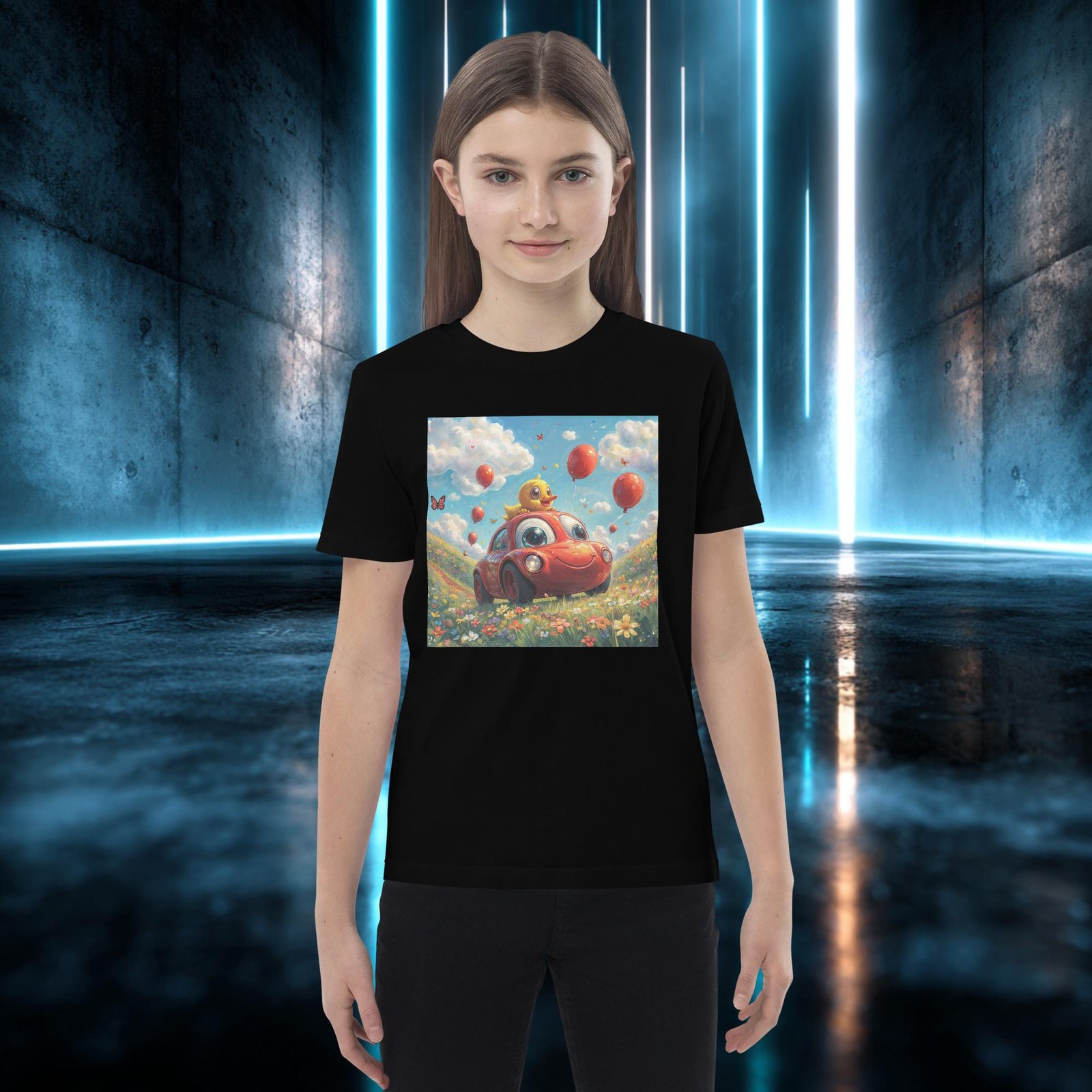 Camiseta infantil orgánica con diseño El Coche del Patito — detalle del estampado