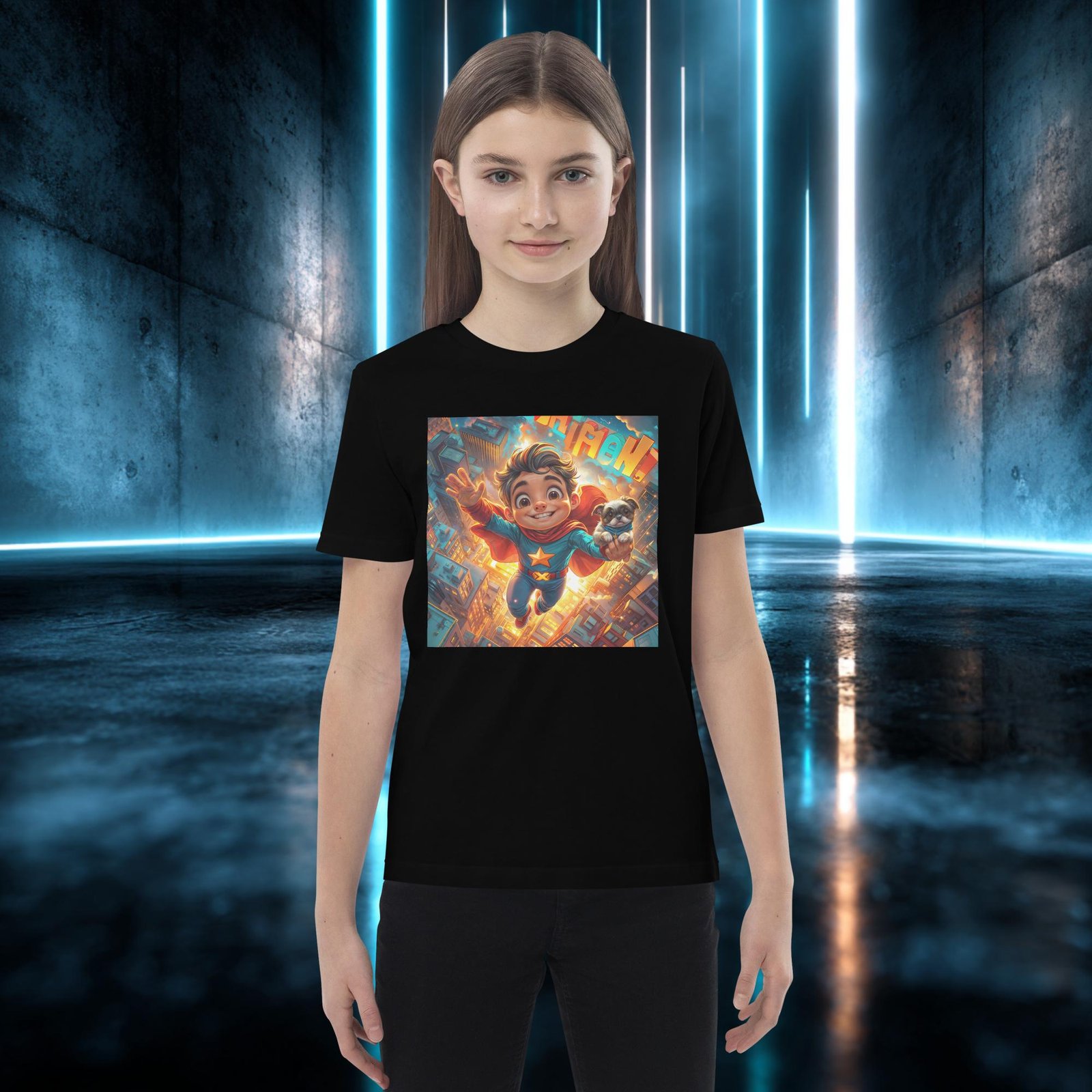 Camiseta infantil de algodón orgánico en color negro con el diseño «Mi Súper Amigo», sobre modelo