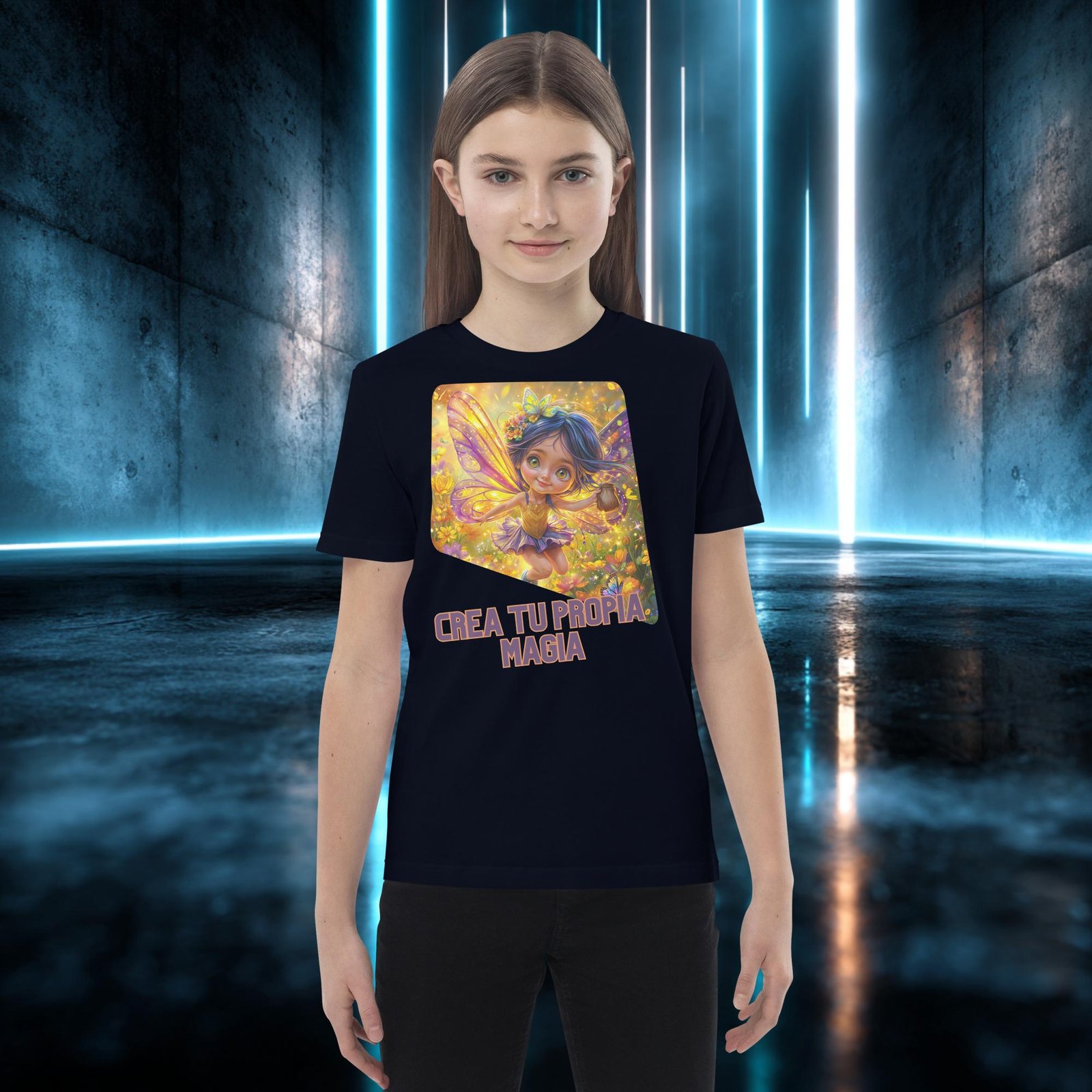 Camiseta infantil orgánica con diseño Crea Tu Propia Magia — detalle del estampado