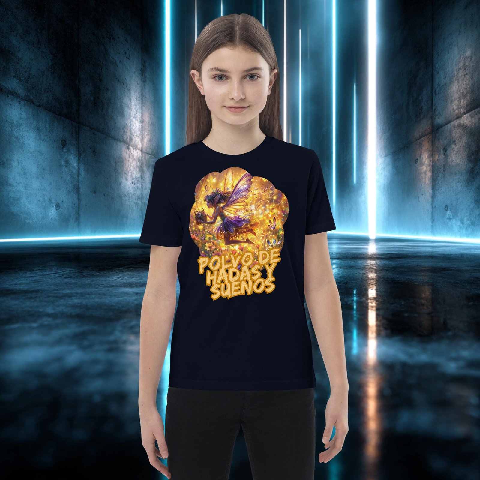 Camiseta infantil orgánica con diseño Polvo de Hadas — detalle del estampado