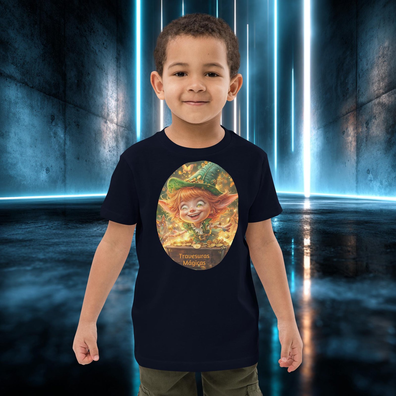 Camiseta infantil orgánica con diseño Travesuras Mágicas — detalle del estampado