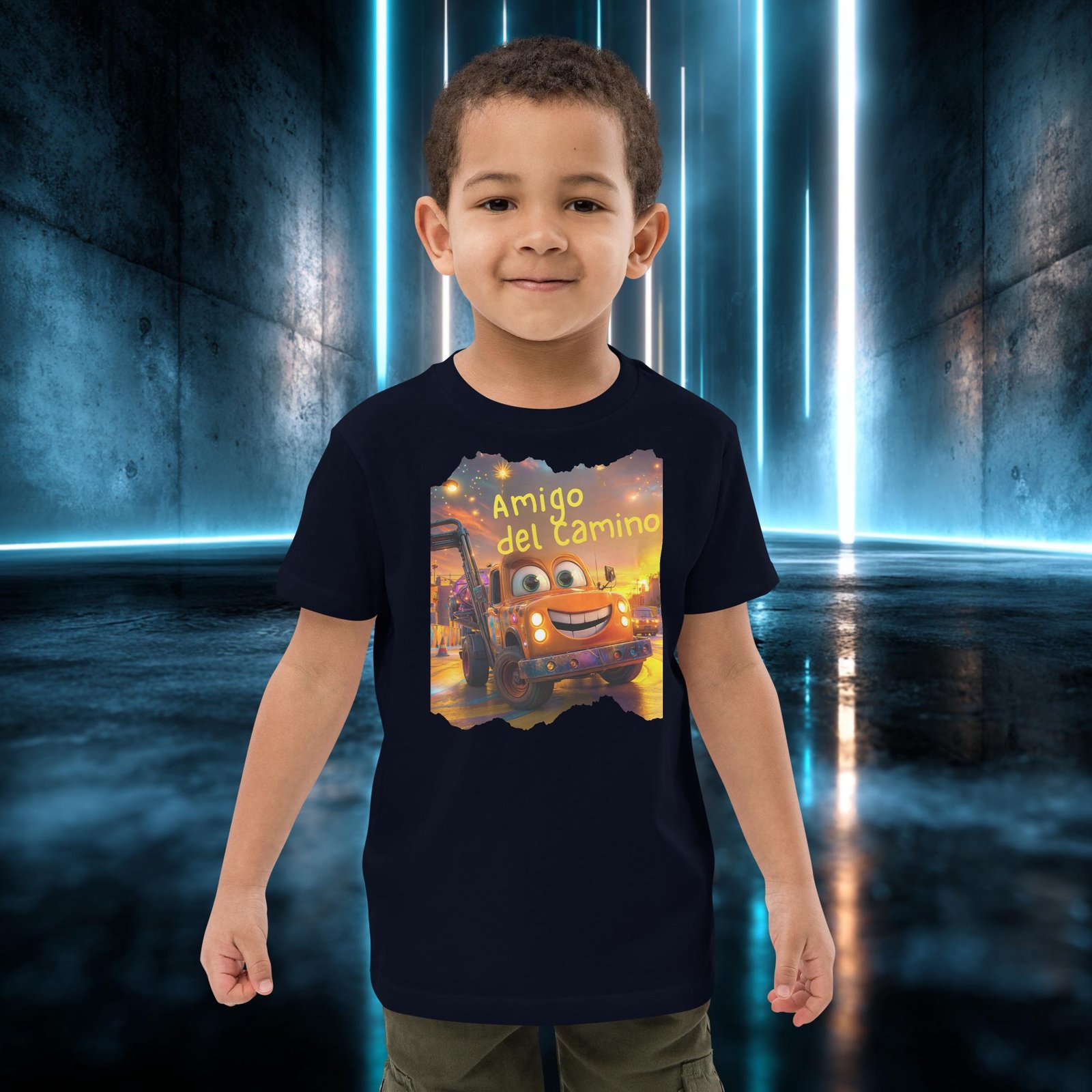 Camiseta infantil orgánica con diseño Amigo del Camino — detalle del estampado