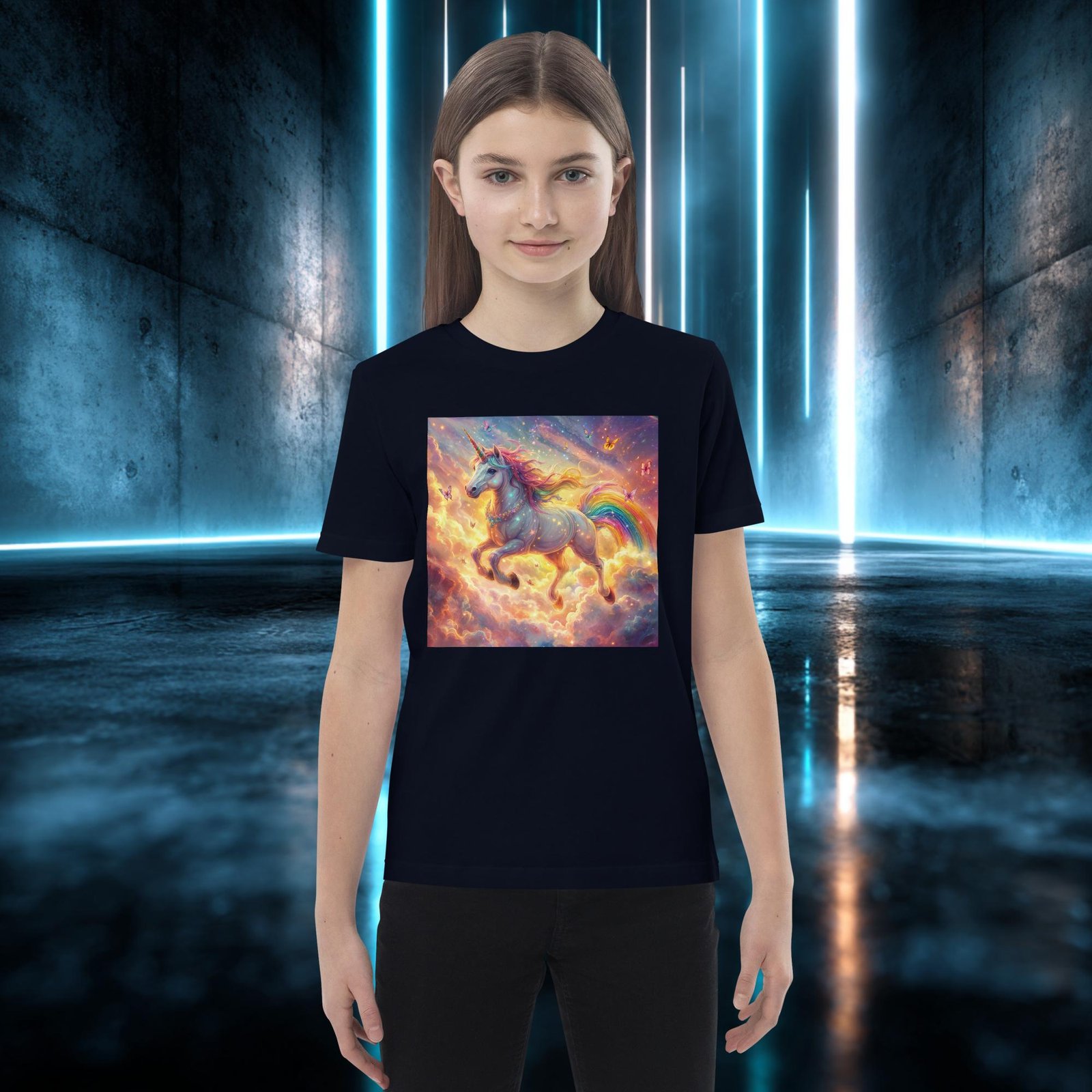 Camiseta infantil orgánica con diseño Unicornio de Mariposas — detalle del estampado