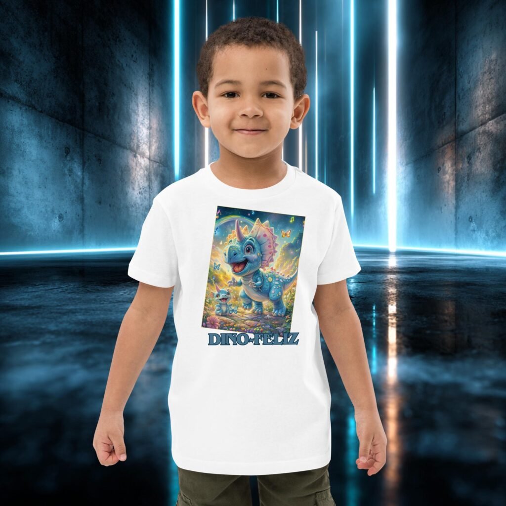Camiseta infantil orgánica con diseño Dino Feliz
