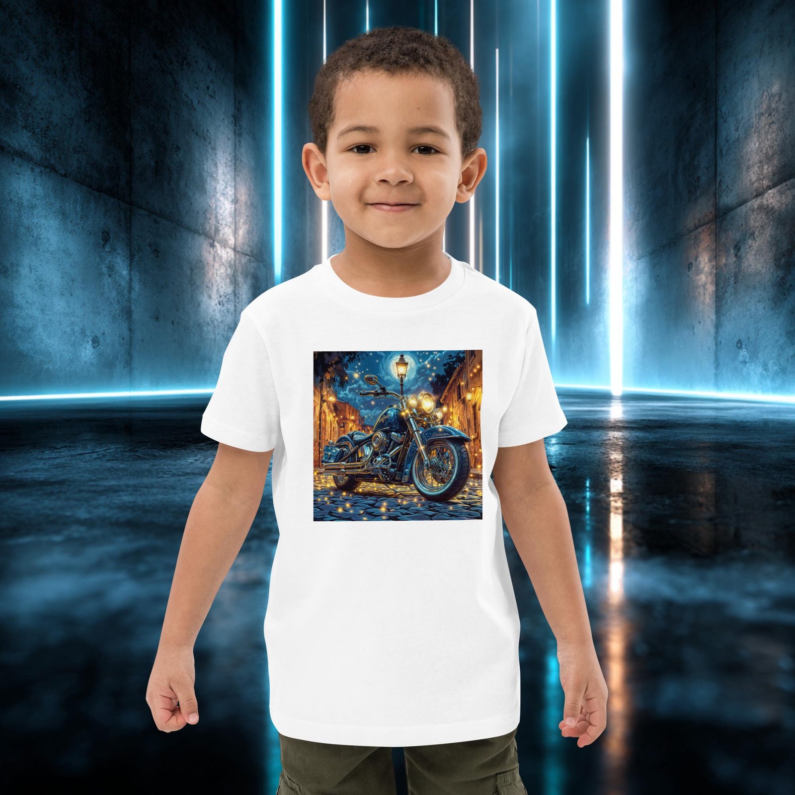 Camiseta infantil orgánica con diseño Moto Bajo la Farola — color 2