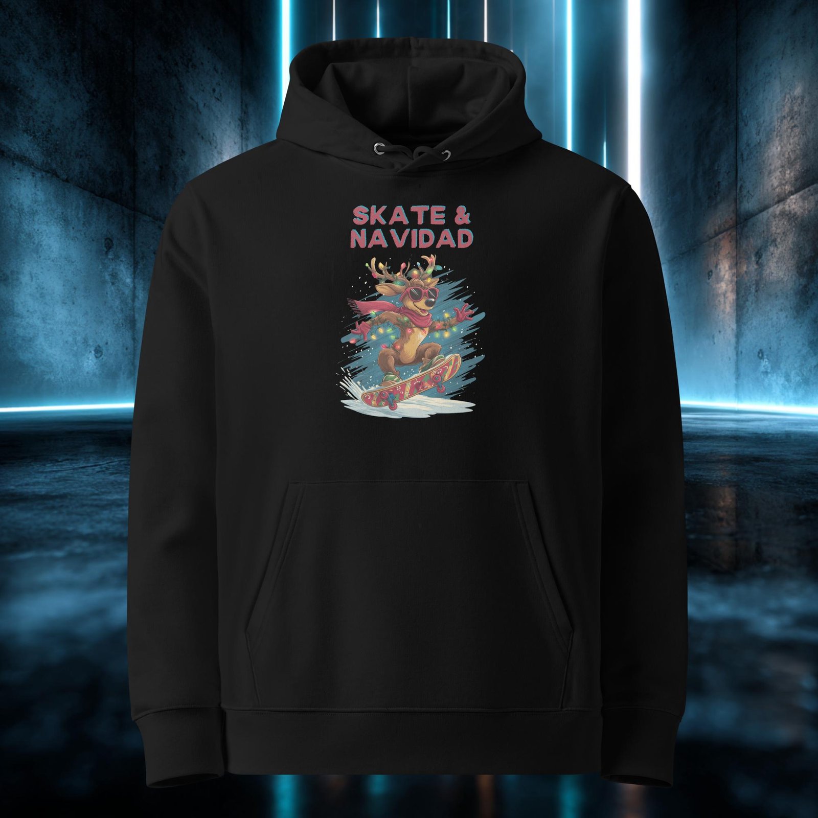 Sudadera orgánica con diseño Reno en la Tabla — detalle del estampado