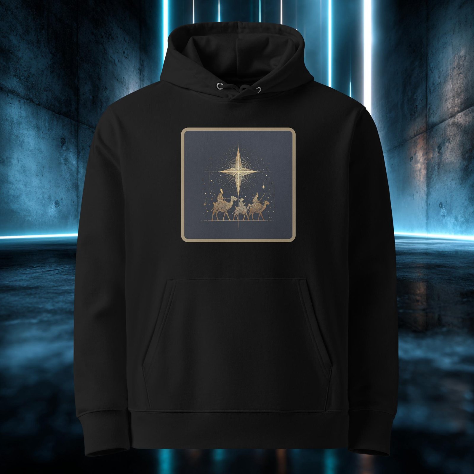 Sudadera orgánica con diseño Caravana Dorada — detalle del estampado
