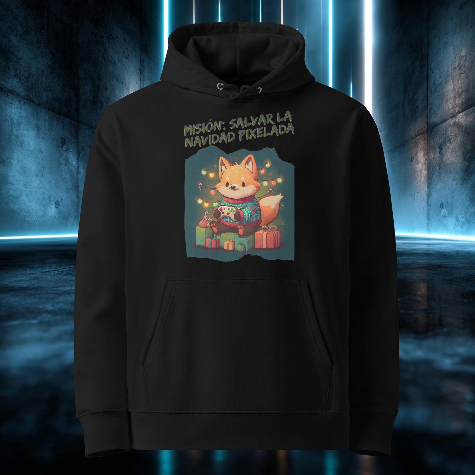 Sudadera orgánica con diseño Misión Salvar la Navidad — detalle del estampado