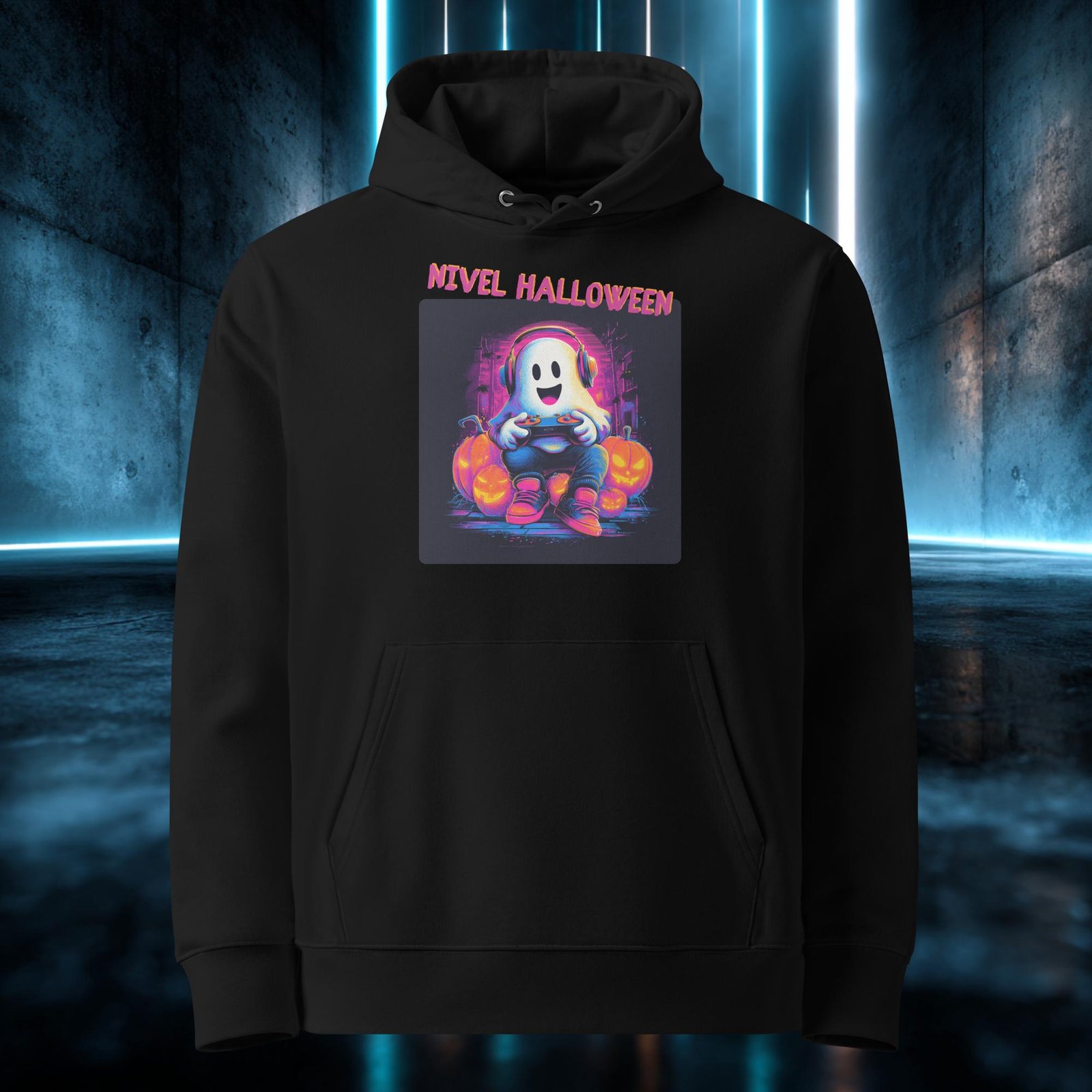 Sudadera orgánica con diseño Nivel Halloween — detalle del estampado