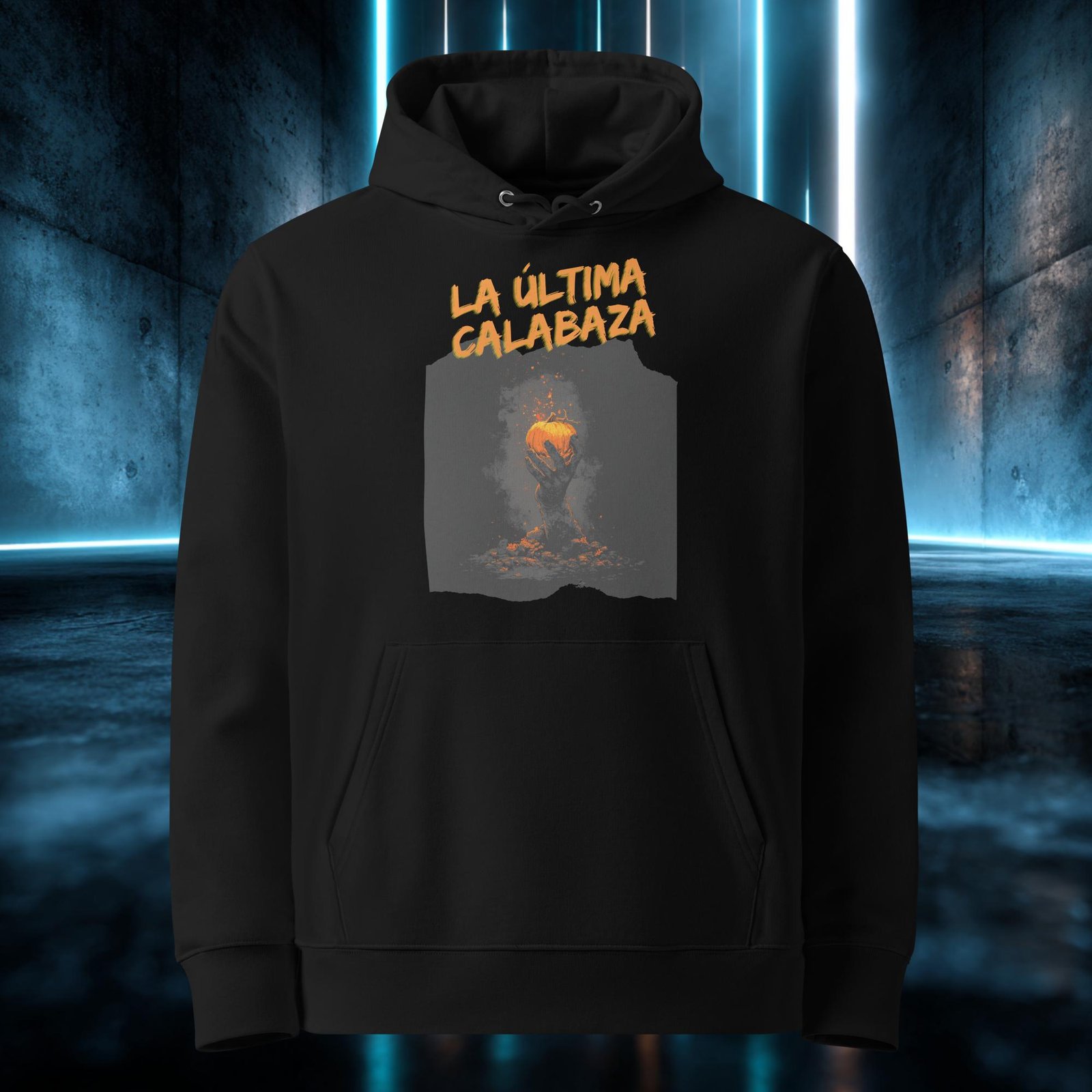 Sudadera orgánica con diseño La Última Calabaza — detalle del estampado