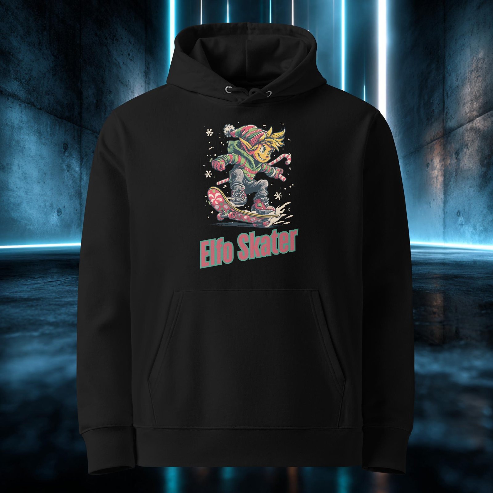 Sudadera orgánica con diseño Elfo Skater — detalle del estampado