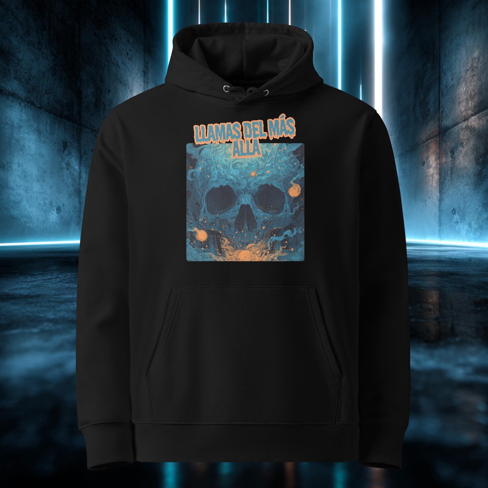 Sudadera orgánica con diseño Llamas del Más Allá — detalle del estampado