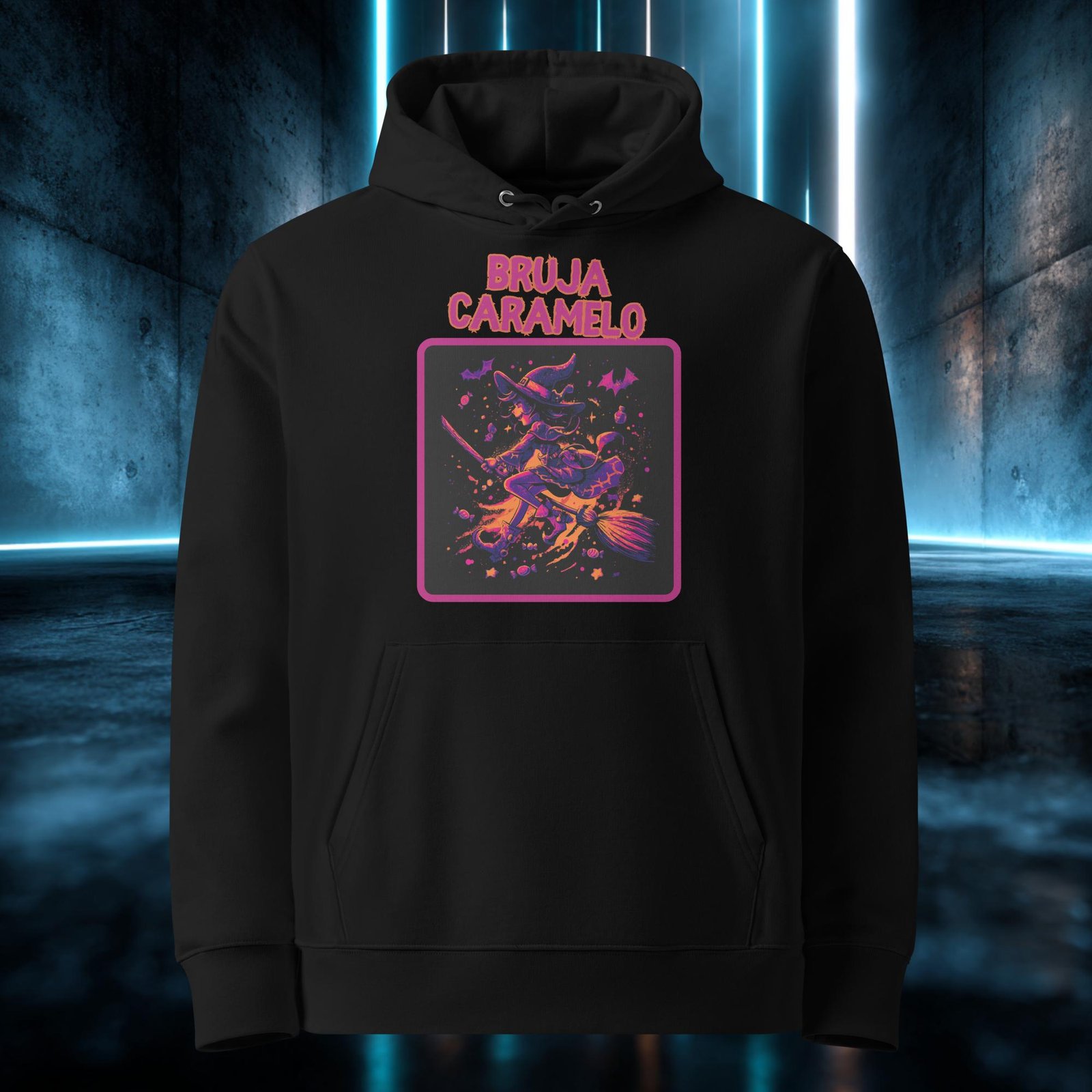 Sudadera con capucha de algodón orgánico en color negro con el diseño «Bruja Caramelo»
