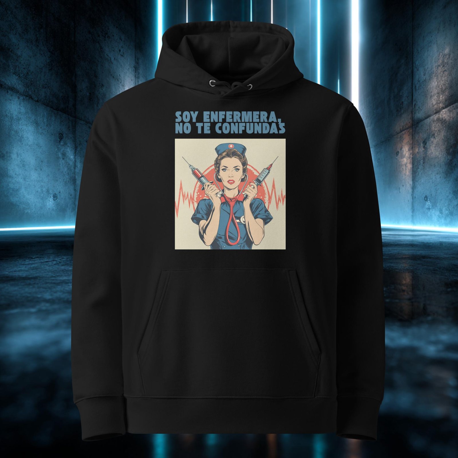 Sudadera orgánica con diseño Soy Enfermera, No Te Confundas — detalle del estampado