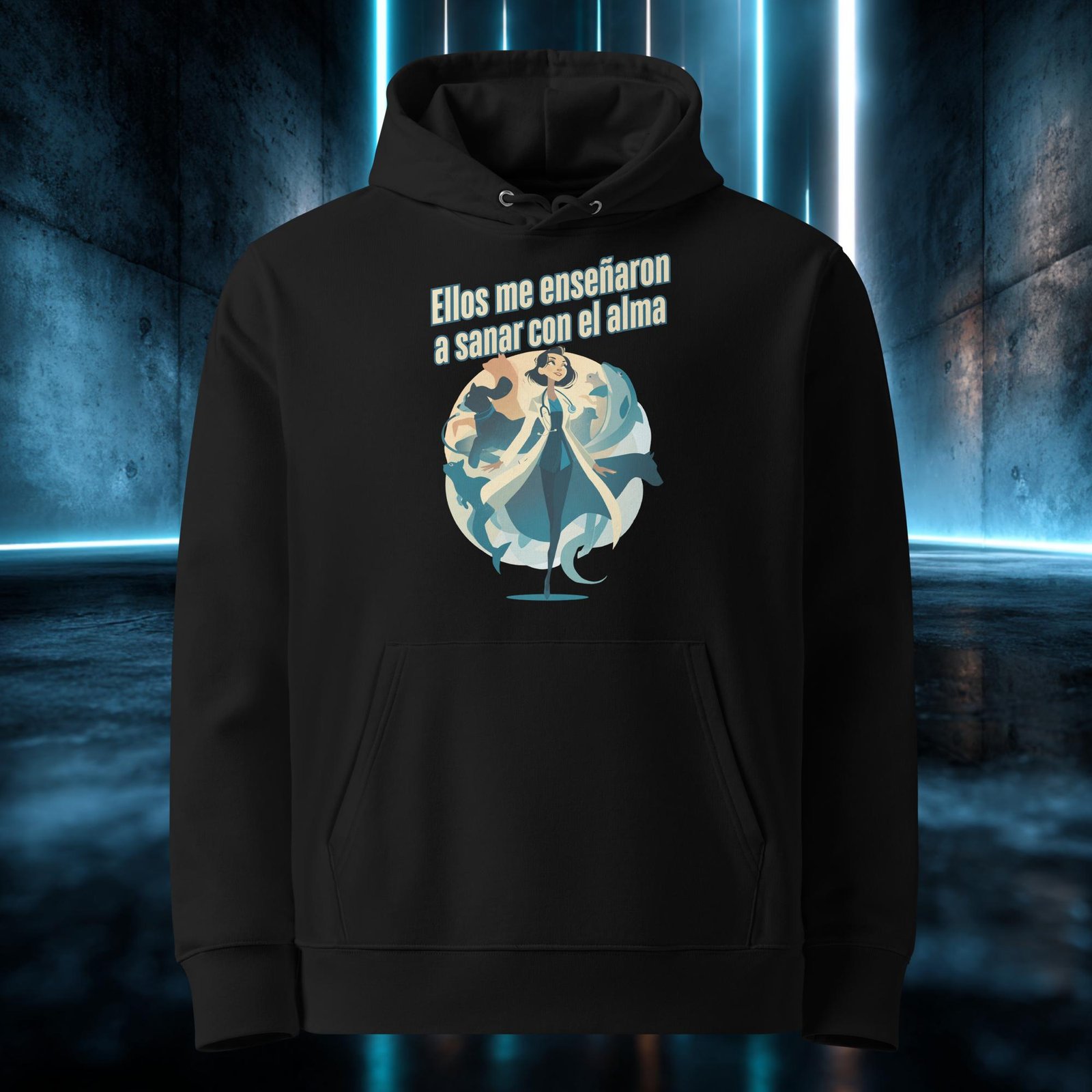 Sudadera orgánica con diseño Sanar con el Alma — detalle del estampado