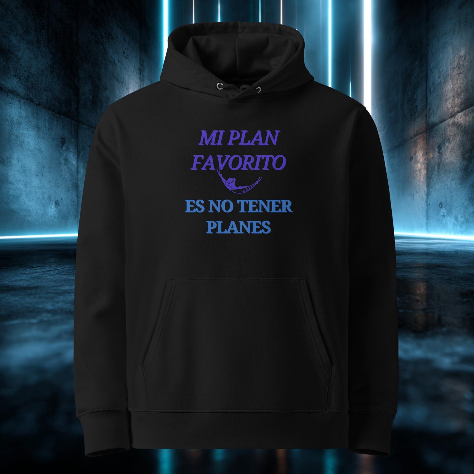 Sudadera orgánica con diseño Mi Plan Favorito Es No Tener Planes — detalle del estampado