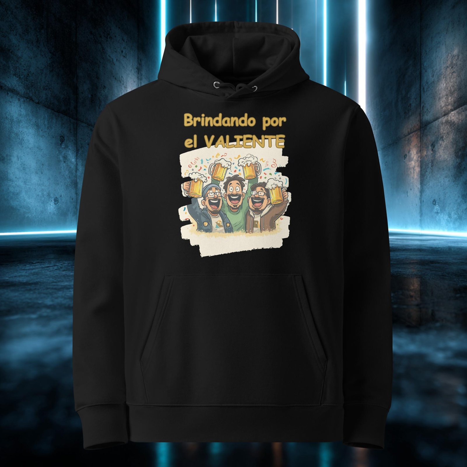 Sudadera orgánica con diseño Brindando por el Valiente — detalle del estampado