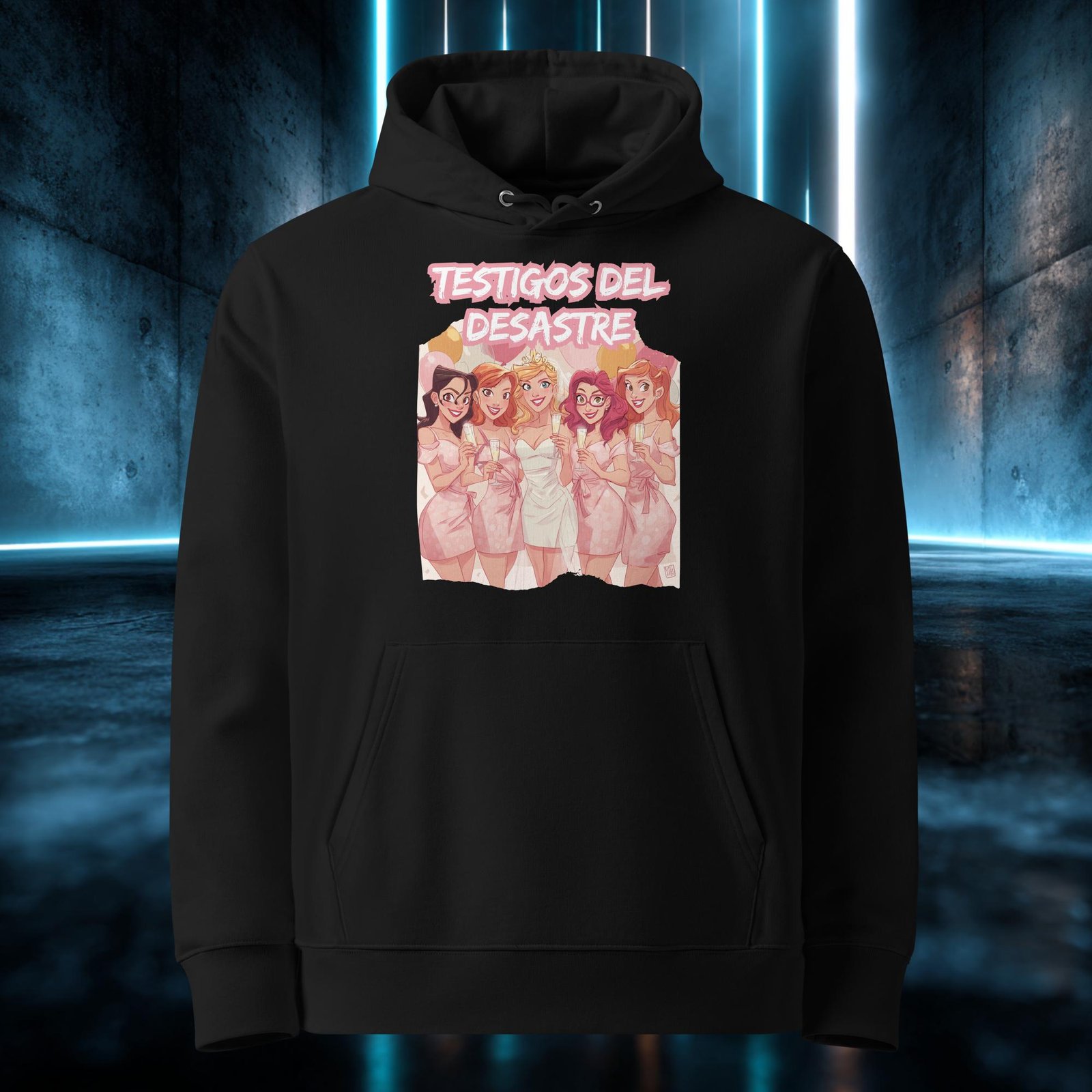 Sudadera orgánica con diseño Testigos del Desastre — detalle del estampado
