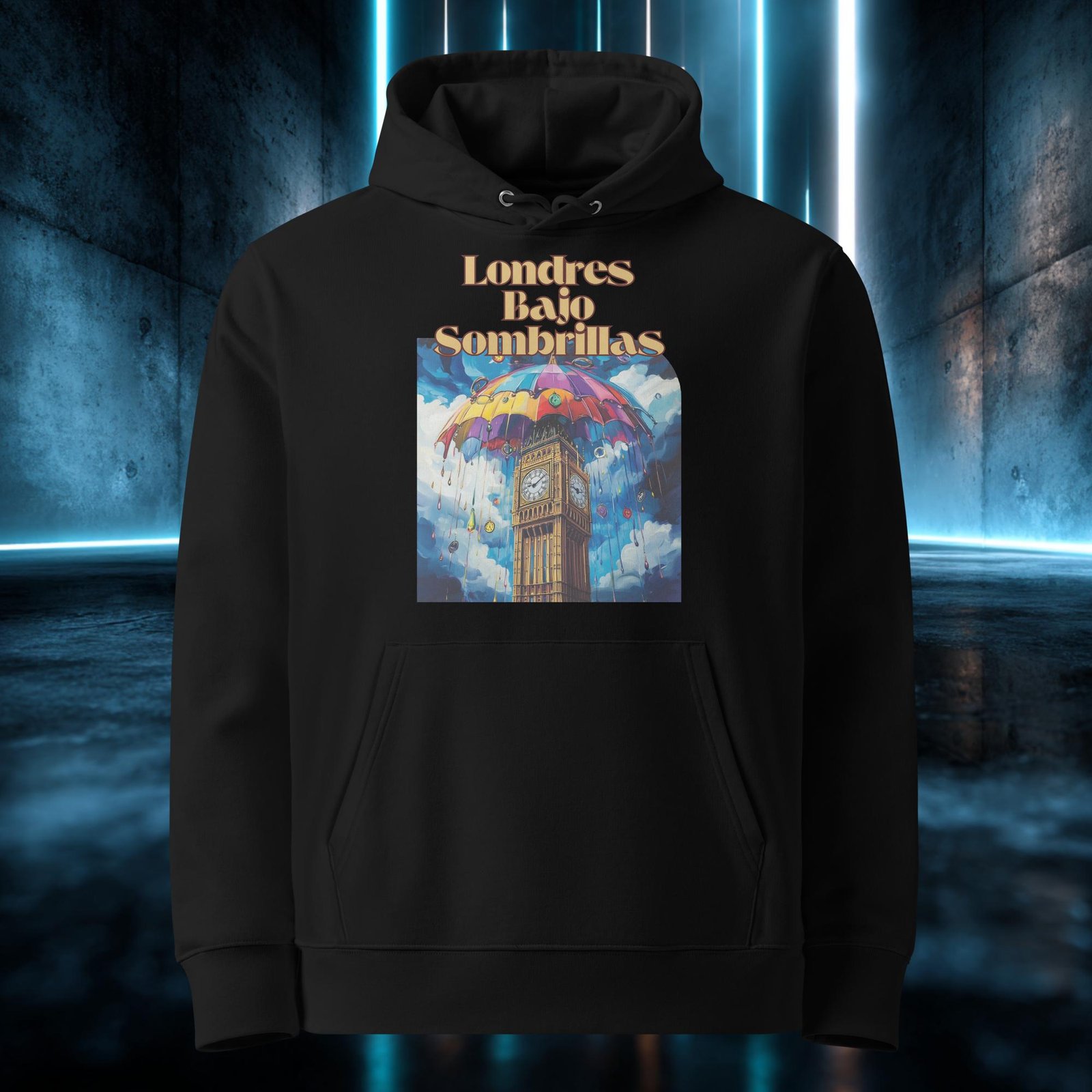 Sudadera orgánica con diseño Londres Bajo Sombrillas — detalle del estampado