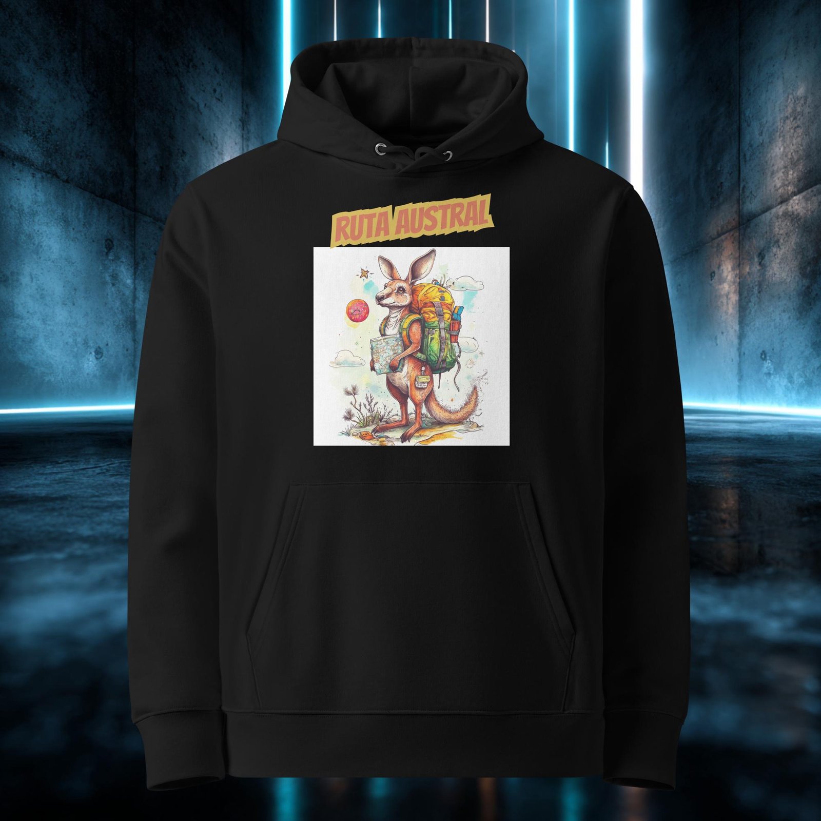 Sudadera orgánica con diseño Ruta Austral — detalle del estampado