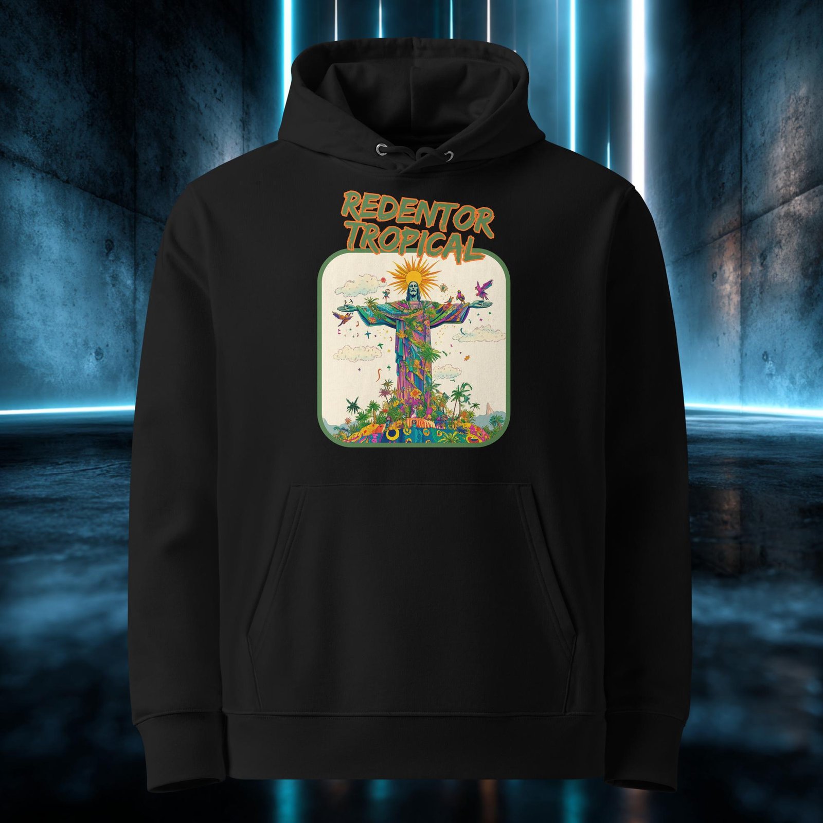 Sudadera orgánica con diseño Redentor Tropical — detalle del estampado