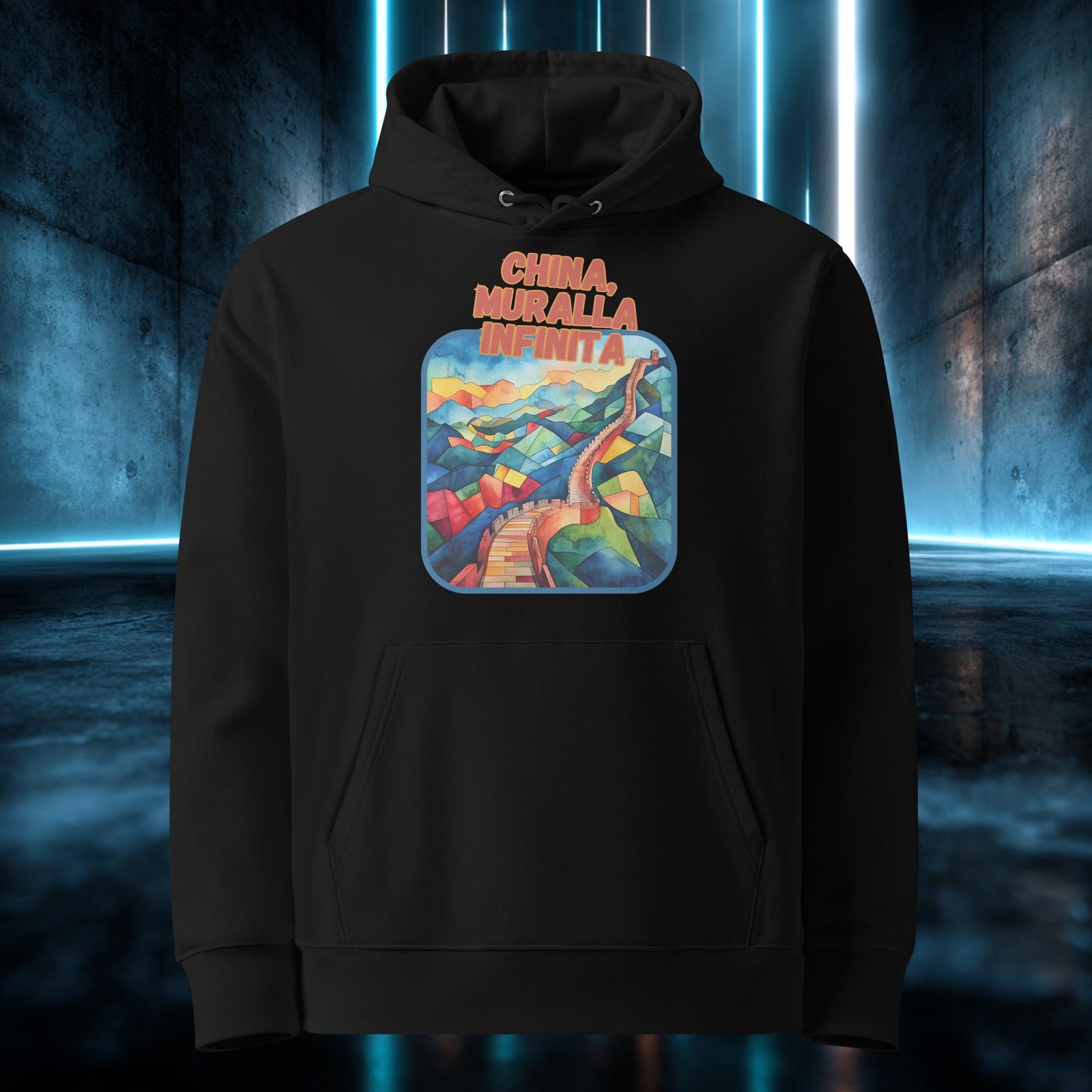Sudadera orgánica con diseño Muralla Infinita — detalle del estampado